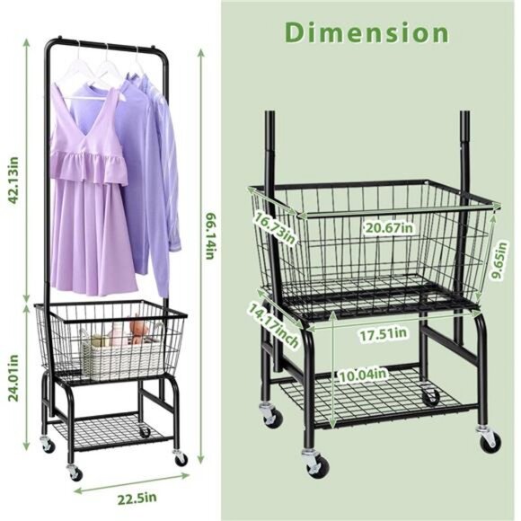 Laundry Cart with Wheels and Hanging Rack, Rolling Laundry Basket Clothes Rack - Picture 3 of 7